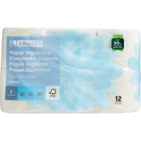 Papel higiénico suave doble rollo EROSKI, paquete 12 rollos