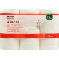 Papel higiénico 2 capas EROSKI BASIC, paquete 12 rollos