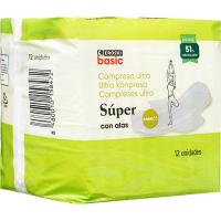 Compresa ultra alas super EROSKI BASIC, paquete 12 uds