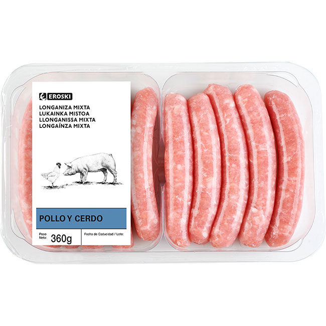 Longaniza mixta de pollo-cerdo EROSKI, bandeja 360 g