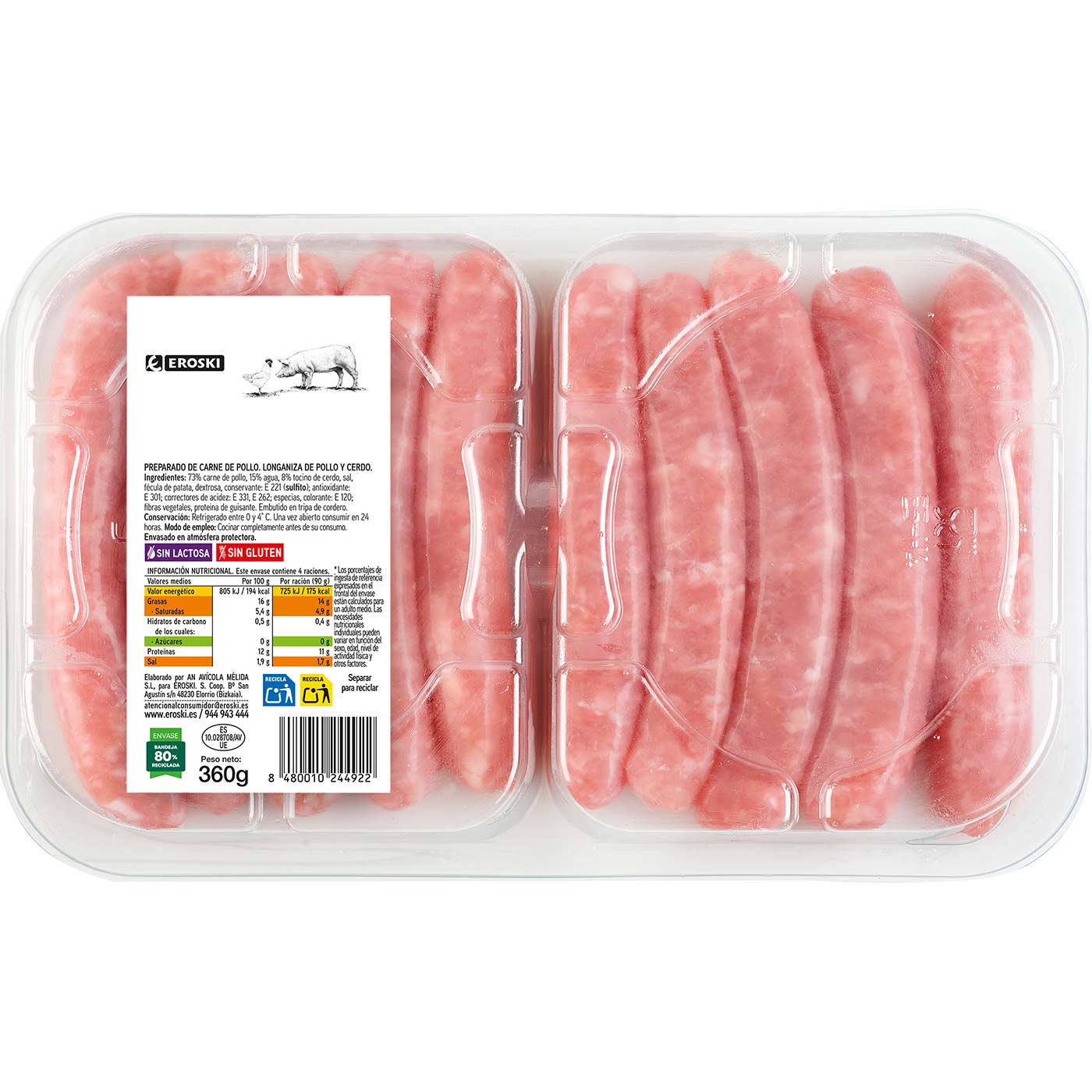 Longaniza mixta de pollo-cerdo EROSKI, bandeja 360 g