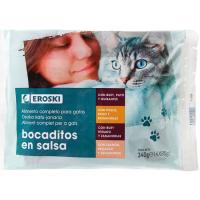 Bocaditos en salsa pouches para gato EROSKI, pack 4x85 g Bocaditos en salsa pouches para gato EROSKI, pack 4x85 g