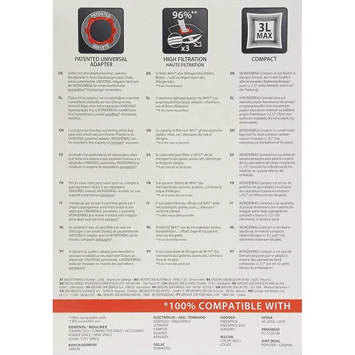 Bolsa de aspirador WB3051 Wonderbag Compact ROWENTA, pack 5 uds
