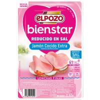 Jamón cocido bajo grasa-reducido en sal ELPOZO, bandeja 65 g