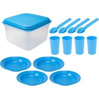 Set vajilla camping para 4 personas: plato, cubiertos, vaso color azul Set vajilla camping para 4 personas: plato, cubiertos, vaso color azul
