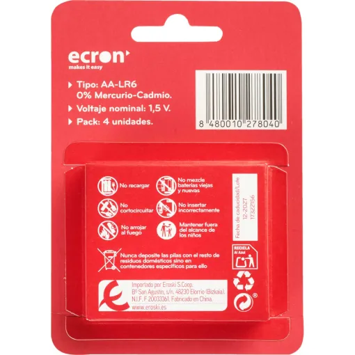 Pila alcalina LR06 (AA) ECRON, pack 4 uds Pila alcalina LR06 (AA) ECRON, pack 4 uds