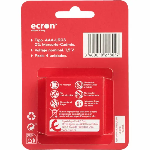 Pila alcalina LR03 (AAA) ECRON, pack 4 uds