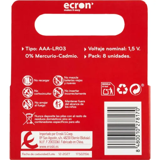 Pila alcalina LR03 (AAA) ECRON, pack 8 uds Pila alcalina LR03 (AAA) ECRON, pack 8 uds