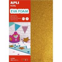 Hojas A4 Goma Eva con purpurina colores: oro, plata, verde y rojo APLI, 4uds