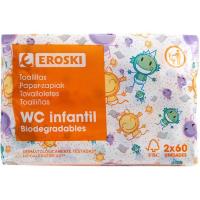 Toallitas wc infantil biodegradable EROSKI, pack 2x60 uds.