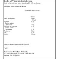 Leche desnatada sin lactosa ASTURIANA, botella 1,5 litros