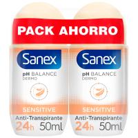 Desodorante sensitive SANEX,  roll on, pack 2x50 ml