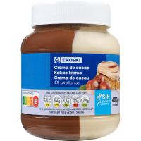 Crema cacao 2 sabores 4% avellana sin palma EROSKI, frasco 400 g Crema cacao 2 sabores 4% avellana sin palma EROSKI, frasco 400 g