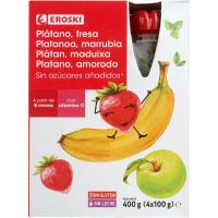 Bolsitas 100% fresa-plátano sin azúcar EROSKI, pack 4x100 g