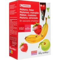 Bolsitas 100% fresa-plátano sin azúcar EROSKI, pack 4x100 g