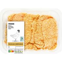 Pechuga fileteada de pollo empanada EROSKI, bandeja aprox. 400 g