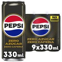 Refresco cola PEPSI ZERO SIN AZÚCAR SIN CAFEINA, pack 9x33 cl