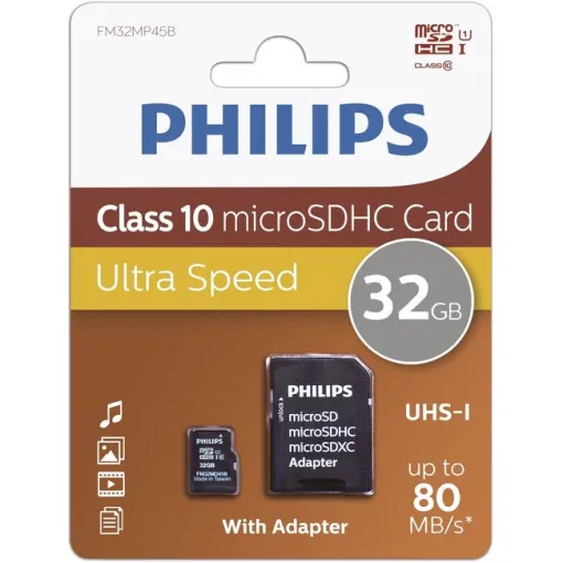 Tarjeta MicroSD con adaptador, 32GB Class 10 MicroSDHC PHILIPS