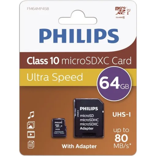 Tarjeta MicroSD con adaptador, 64GB Class 10 MicroSDXC PHILIPS