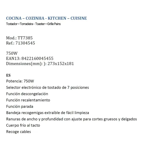 Tostador dos ranuras, 750 W, TT7385 UFESA