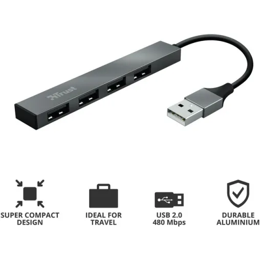 Lector mini hub en aluminio 4 puertos USB 2,0 23786 Halyx TRUST