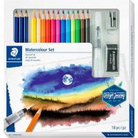 Lápices acuareables, 12 colores 3 grafito pincel goma sacapuntas STAEDTLER, 18 uds