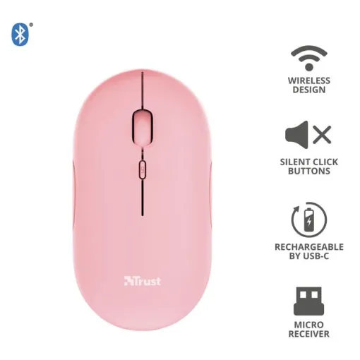 Ratón óptico inalámbrico rosa, ultrafino, Puck TRUST