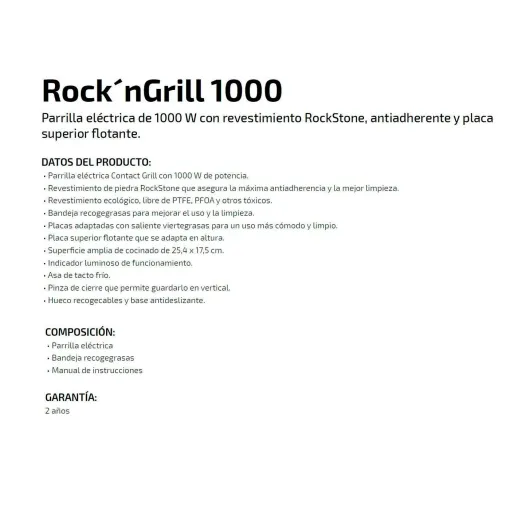 Parrilla eléctrica, 1000 W, Rock¿nGrill 1000 CECOTEC