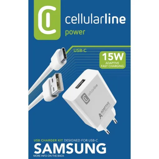 Cargador de red blanco USB 15W y cable tipo C, ACHSMKIT15WTYCW CELLULAR LINE