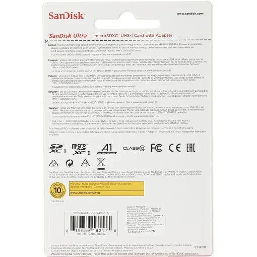 Tarjeta microSDXC con adaptador, 64 GB Class 10, Ultra SANDISK