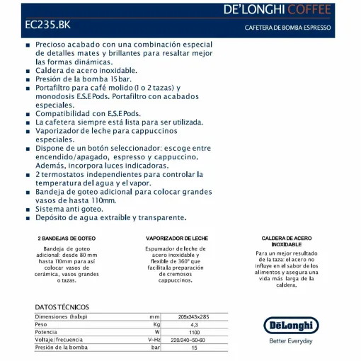 Cafetera espresso, bomba tradicional, 15 bar, EC235BK DELONGHI