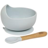 Cuenco de silicona azul con ventosa y cuchara con mango madera de haya INTERBABY