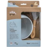 Cuenco de silicona azul con ventosa y cuchara con mango madera de haya INTERBABY