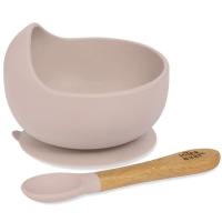 Cuenco de silicona rosa con ventosa y cuchara con mango madera de haya INTERBABY Cuenco de silicona rosa con ventosa y cuchara con mango madera de haya INTERBABY