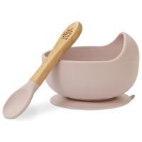 Cuenco de silicona rosa con ventosa y cuchara con mango madera de haya INTERBABY