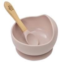 Cuenco de silicona rosa con ventosa y cuchara con mango madera de haya INTERBABY