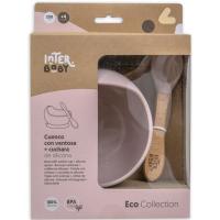 Cuenco de silicona rosa con ventosa y cuchara con mango madera de haya INTERBABY