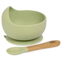 Cuenco de silicona verde agua con ventosa y cuchara mango madera de haya INTERBABY