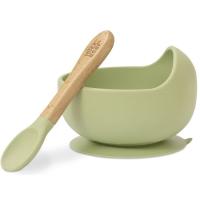 Cuenco de silicona verde agua con ventosa y cuchara mango madera de haya INTERBABY
