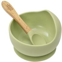 Cuenco de silicona verde agua con ventosa y cuchara mango madera de haya INTERBABY