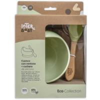 Cuenco de silicona verde agua con ventosa y cuchara mango madera de haya INTERBABY