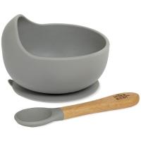 Cuenco de silicona gris con ventosa y cuchara con mango madera de haya INTERBABY
