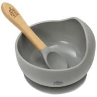 Cuenco de silicona gris con ventosa y cuchara con mango madera de haya INTERBABY