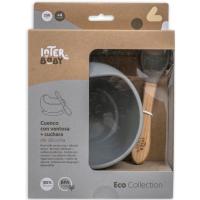 Cuenco de silicona gris con ventosa y cuchara con mango madera de haya INTERBABY