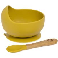Cuenco de silicona mostaza con ventosa y cuchara con mango madera haya INTERBABY Cuenco de silicona mostaza con ventosa y cuchara con mango madera haya INTERBABY