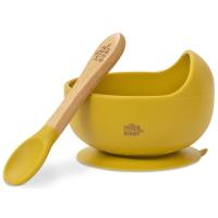 Cuenco de silicona mostaza con ventosa y cuchara con mango madera haya INTERBABY