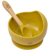 Cuenco de silicona mostaza con ventosa y cuchara con mango madera haya INTERBABY