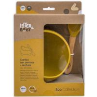 Cuenco de silicona mostaza con ventosa y cuchara con mango madera haya INTERBABY