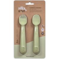 Cuchara y tenedor verde agua de silicona INTERBABY