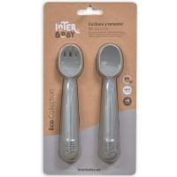 Cuchara y tenedor gris de silicona INTERBABY